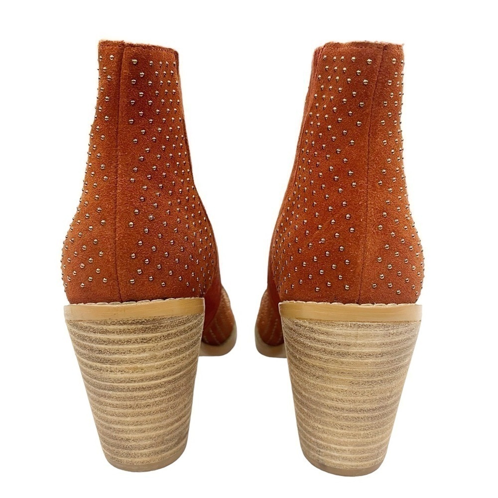 Anthropologie Faux Suede Gold Studded Stack Heel Pull On Boots Rust Orange 6.5 - Picture 8 of 11